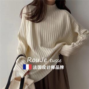 咖色羊绒毛衣女春秋季胖mm中长版宽松慵懒风半高领羊毛针织打底衫