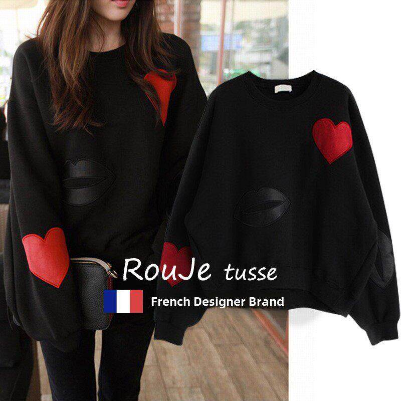 黑色无帽卫衣女2025年秋冬季新款薄绒套头时尚宽松显瘦卫衣圆领潮