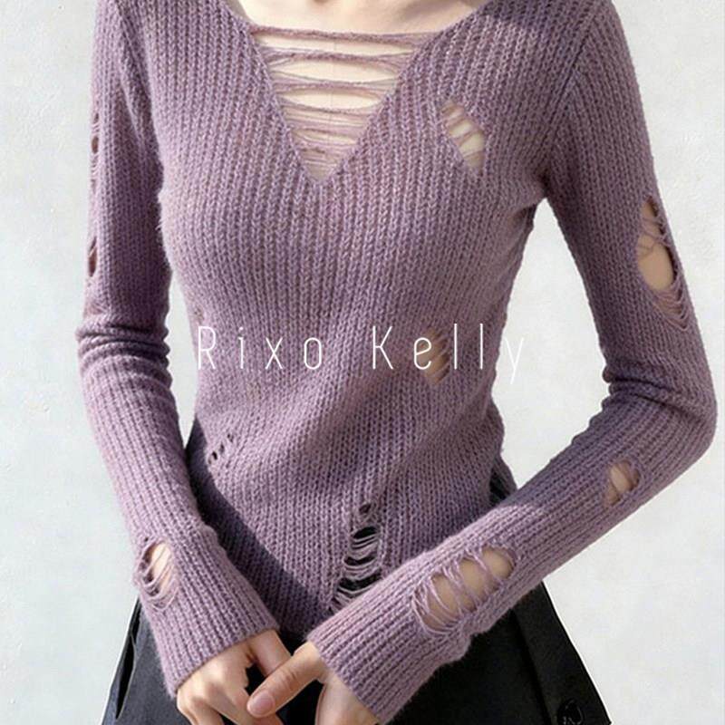Rixo Kelly法式慵懒风破洞镂空长袖针织衫女春季新款紫色V领毛衣