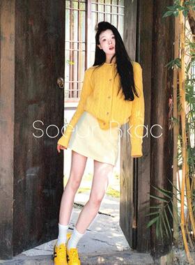 法国SOEUR BKAC法式秋冬时尚感气质黄色针织开衫毛衣半身裙套装女