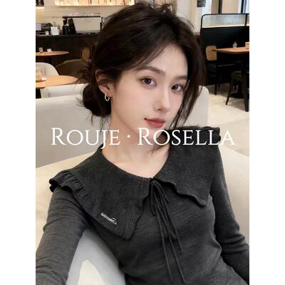 法国Rouje Rosella颜值满满灰色v型翻领蝴蝶结针织女春气质上衣