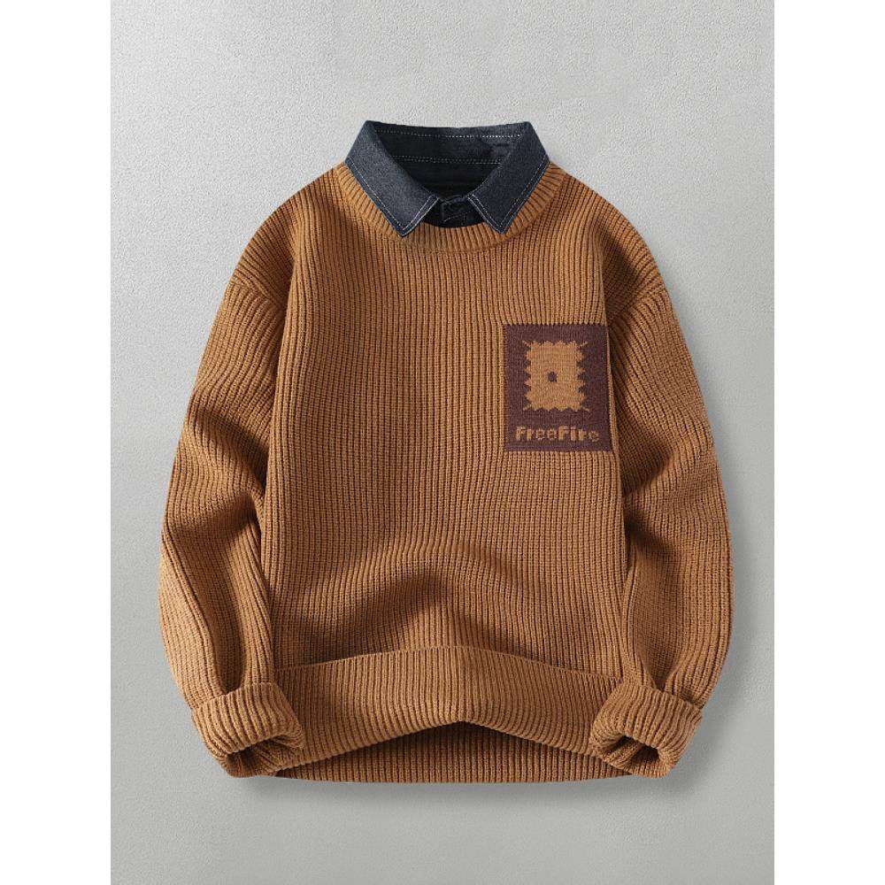 假两件设计！舒适高级感！高级感印花休闲衬衫领打底针织男毛衣,男装,秀禾服,淘宝优惠券,粉丝福利购,淘宝优惠卷