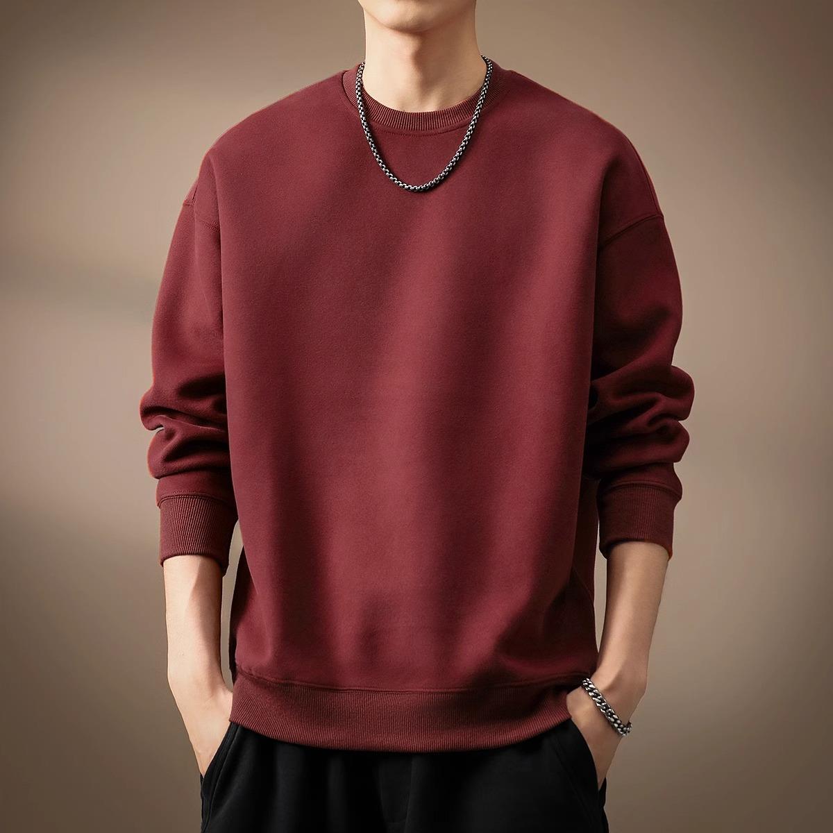 palm city高端重磅枣红色复古卫衣男士秋冬加绒潮牌宽松基础上衣