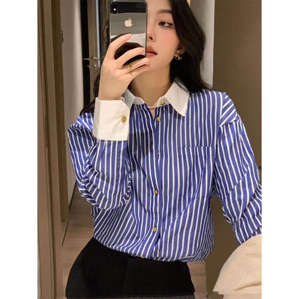 翻领蓝白条纹长袖衬衫女2025春秋新款法式高级感时尚撞色别致衬衣