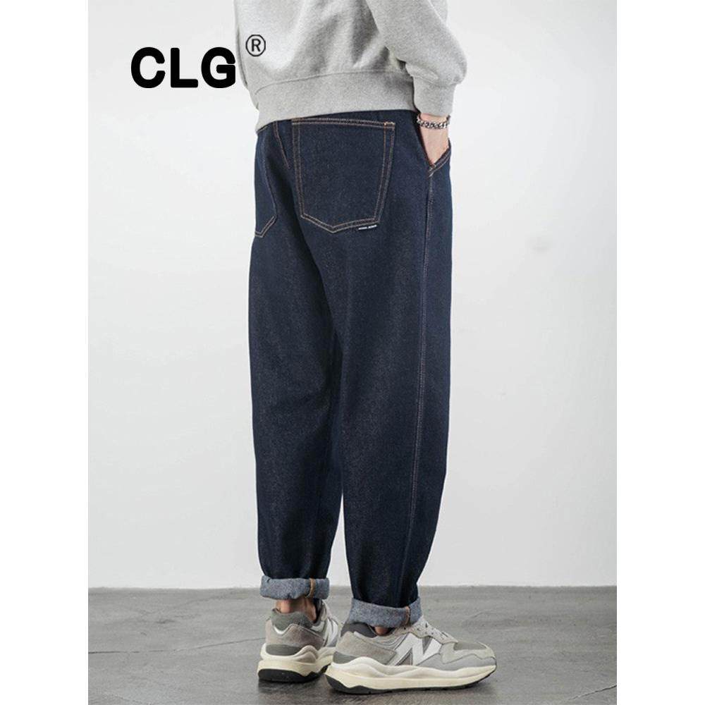 香港时尚品牌日式覆古深色牛仔裤男士宽松休闲直筒大号原色水洗灯