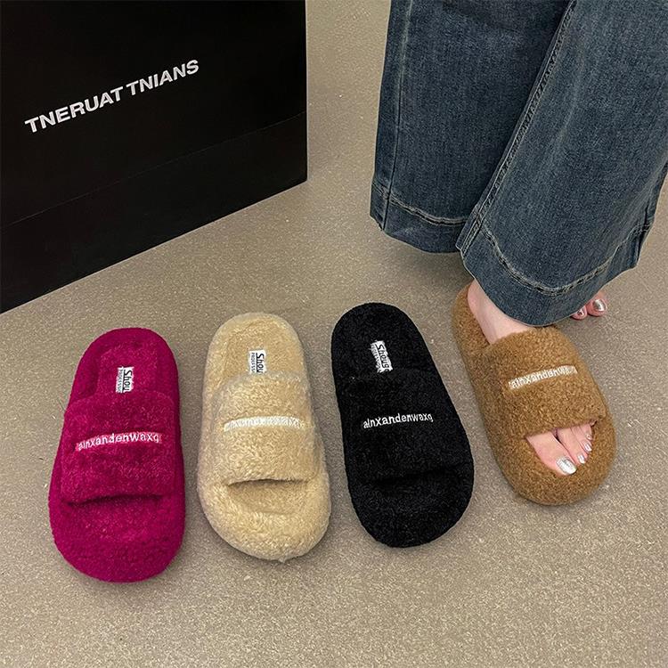 法国Fad Zomo时尚高级感毛毛拖女外穿秋冬舒适鞋底加绒厚底一字拖