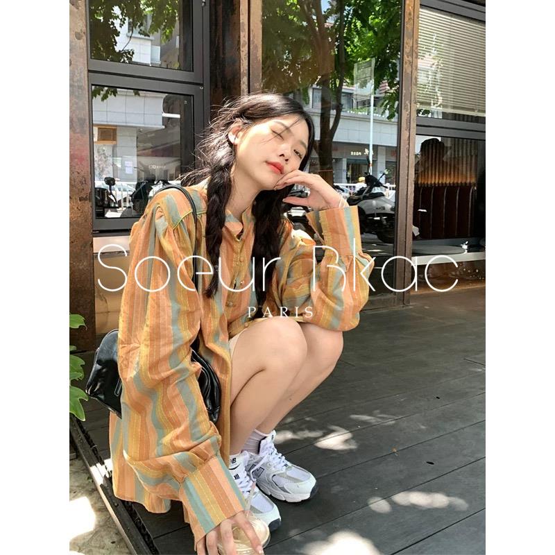 法国SOEUR BKAC法式春季覆古别致彩色条纹衬衫宽松百搭长袖衬衣女
