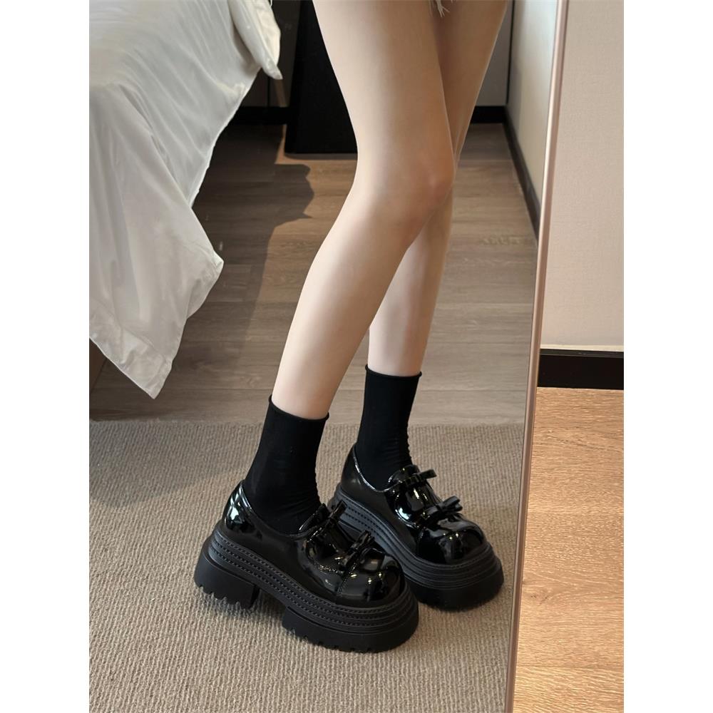 厚底增高英伦风黑色小皮鞋女春秋新款大头玛丽珍单鞋一脚蹬乐福鞋