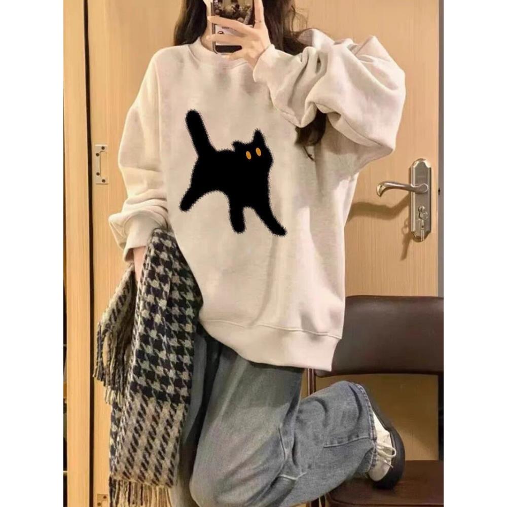 英国DHWA猫咪卫衣女春秋冬2025新爆款学生宽松加绒慵懒风上衣外套