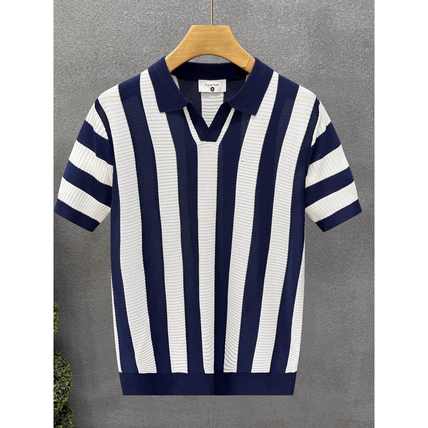 法式『设计师』一眼就爱上！经典条纹撞色薄款针织短袖T恤衫男潮