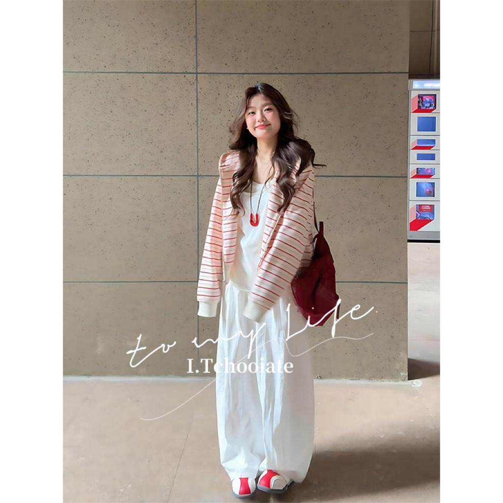 I.Tchooiate粉色条纹开衫卫衣女慵懒风韩系宽松连帽设计感外套春