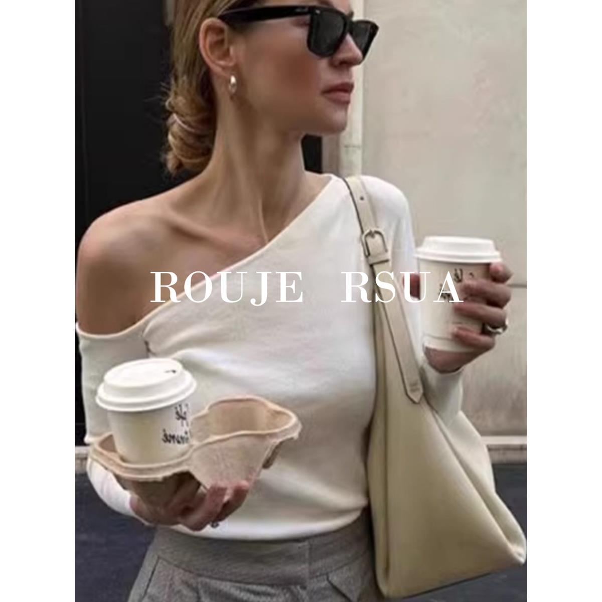 ROUJE RSUA法式一字肩针织上衣斜肩长袖T恤女秋露肩毛衣打底衫