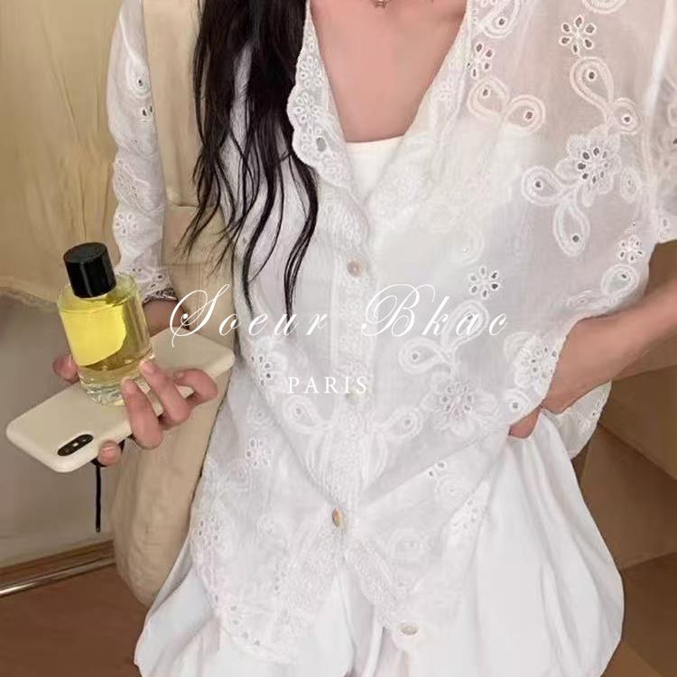 法国SOEUR BKAC白色V领重工钩花刺绣防晒开衫女秋季宽松薄款上衣