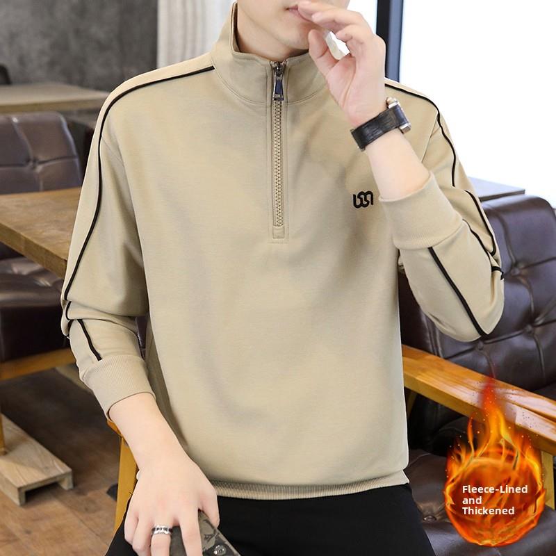 高端时尚半拉炼立领卫衣男春秋新款休闲百搭上衣舒适帅气打底衫潮