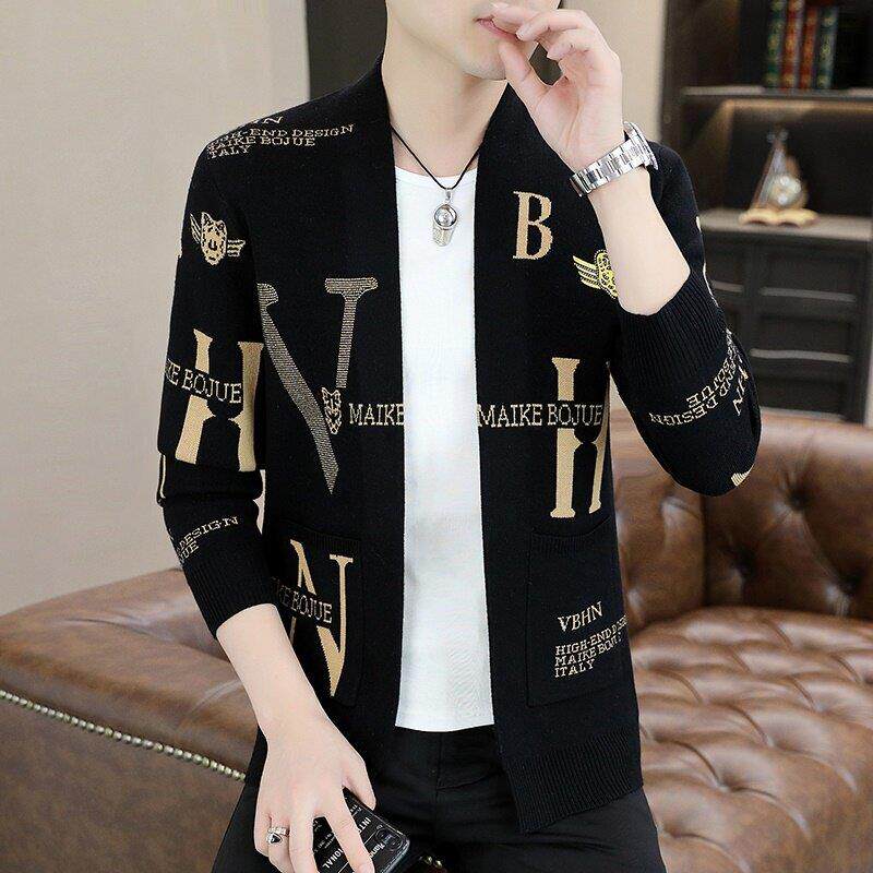 针织开衫外套男秋季新款韩版潮牌字母修身羊毛时尚休闲男士毛衣潮