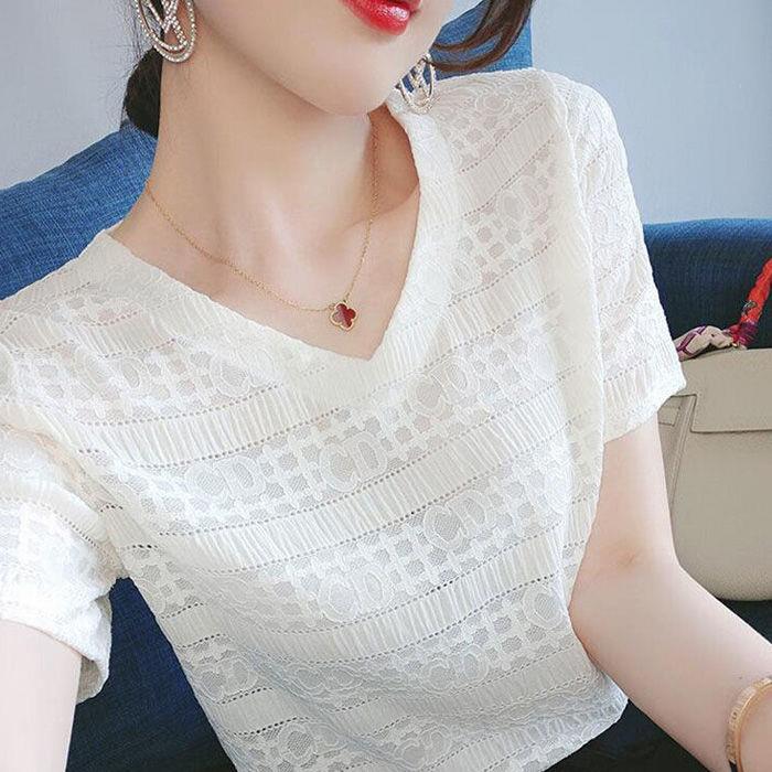 短袖t恤女夏季薄款2025新款宽松显瘦气质V领设计感蕾丝雪纺衫上衣