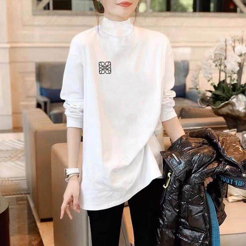 韩系长袖T恤女宽松2025秋季新款上衣打底衫半高领中长版磨毛加厚