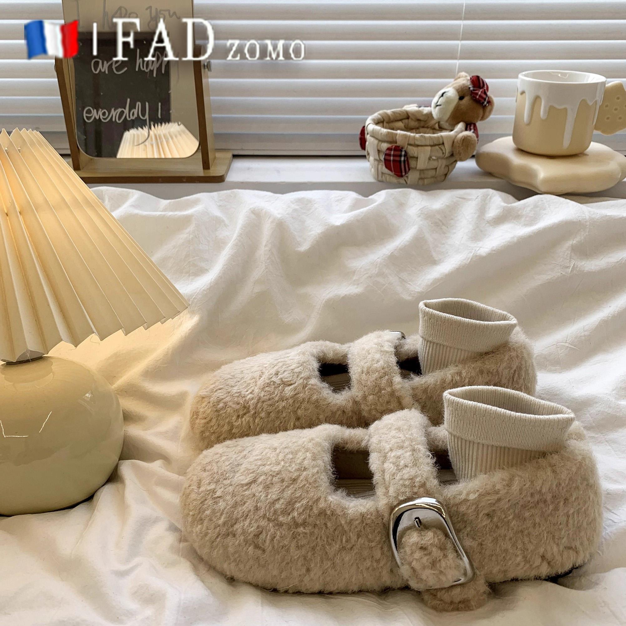 法国Fad Zomo平底温柔舒适毛毛鞋女外穿秋冬季加绒一字玛丽珍棉鞋