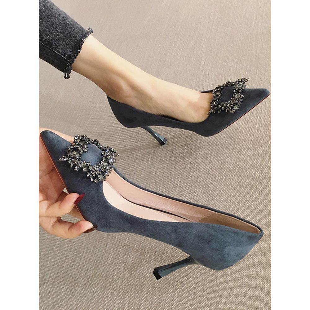 A.D赫本~专业高跟鞋2025新莱茵石方扣尖头细跟麂皮平底鞋黑色