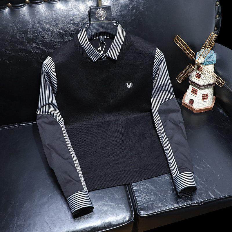 英伦条纹假两件针织衫男士小众设计感毛衣秋冬新款男装潮流衬衫领
