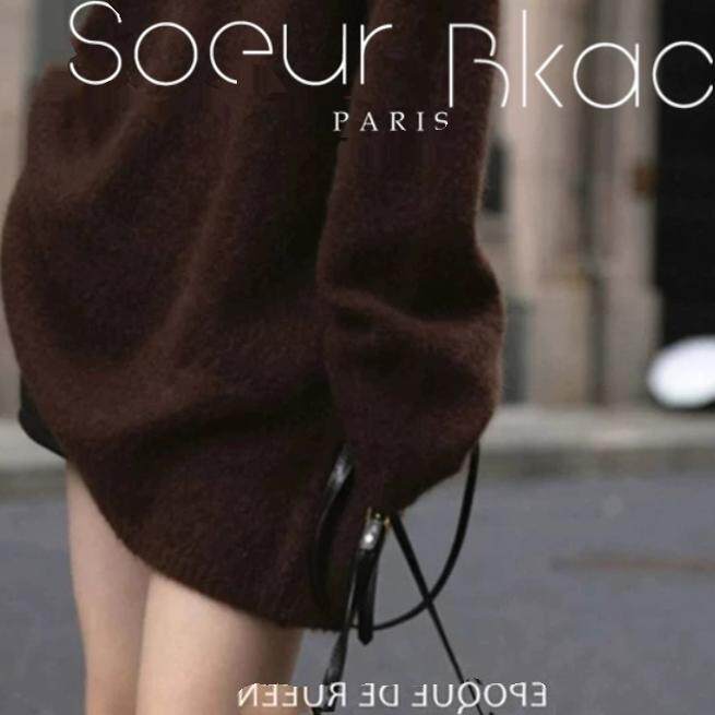 法国SOEUR BKAC法式秋冬复古咖色中长款针织衫宽松软糯毛衣上衣女