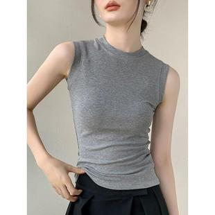 T恤西装 立领无袖 遮副乳灰色无袖 背心打底衫 内搭上衣 女圆领修身