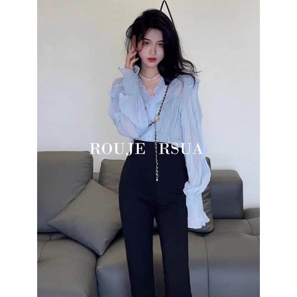 ROUJE RSUA法式木耳边v领蓝色雪纺衬衫女泡泡袖衬衣别致长袖上衣