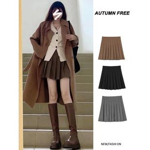 2025年新款季薄款西装半身百褶裙女高腰咖色夏毛呢气质a字短裙子