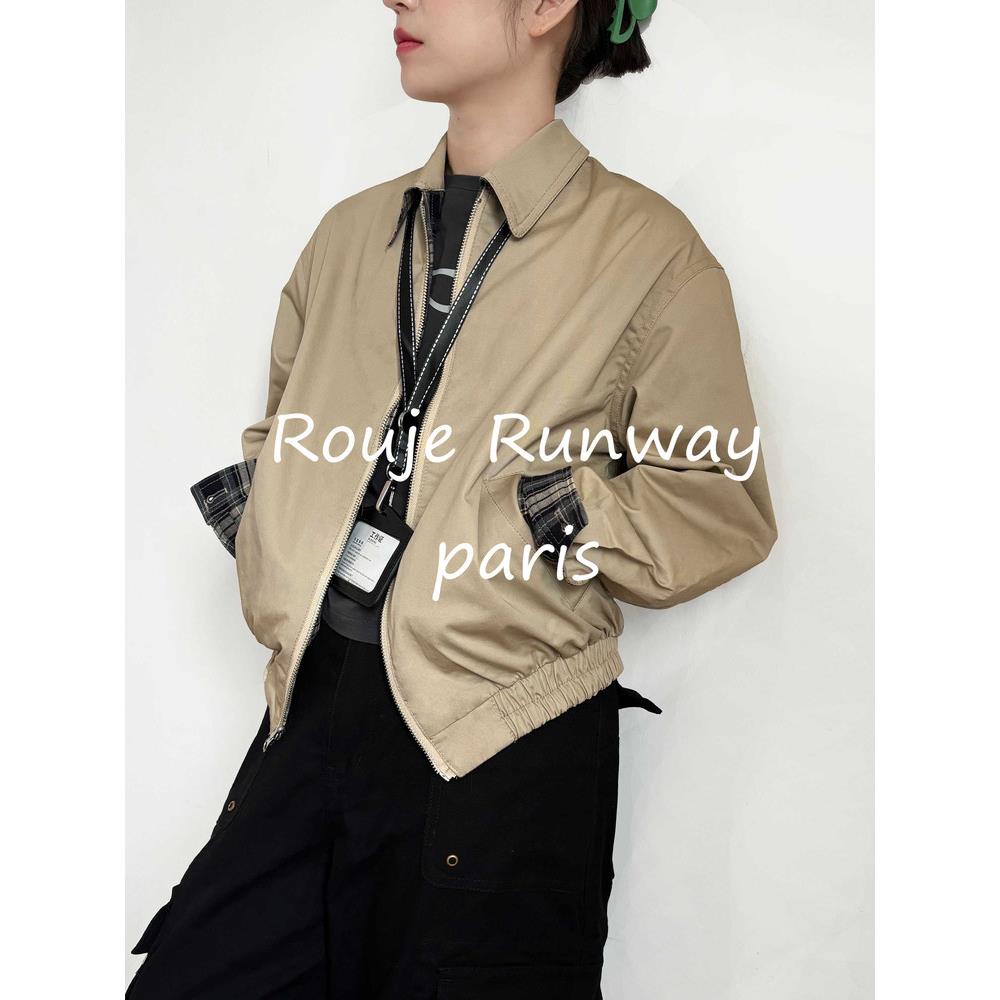 Rouje Runway浅卡其翻领外套女春秋新款格纹拼接夹克开衫短款上衣