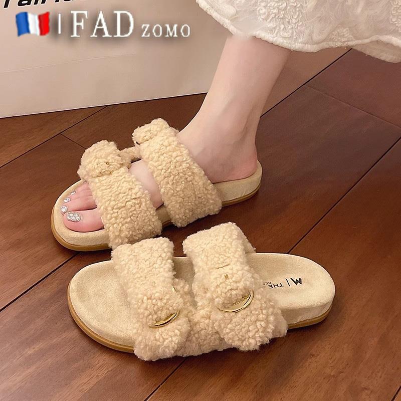 法国Fad Zomo厚底一字扣毛毛拖女外穿秋冬季加绒保暖防滑勃肯棉拖