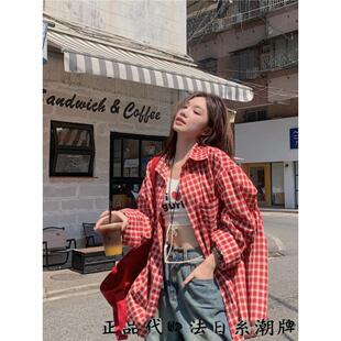 采购Sly早春和秋季新款休闲覆古红色格子衬衫夹克女士开襟羊毛衫