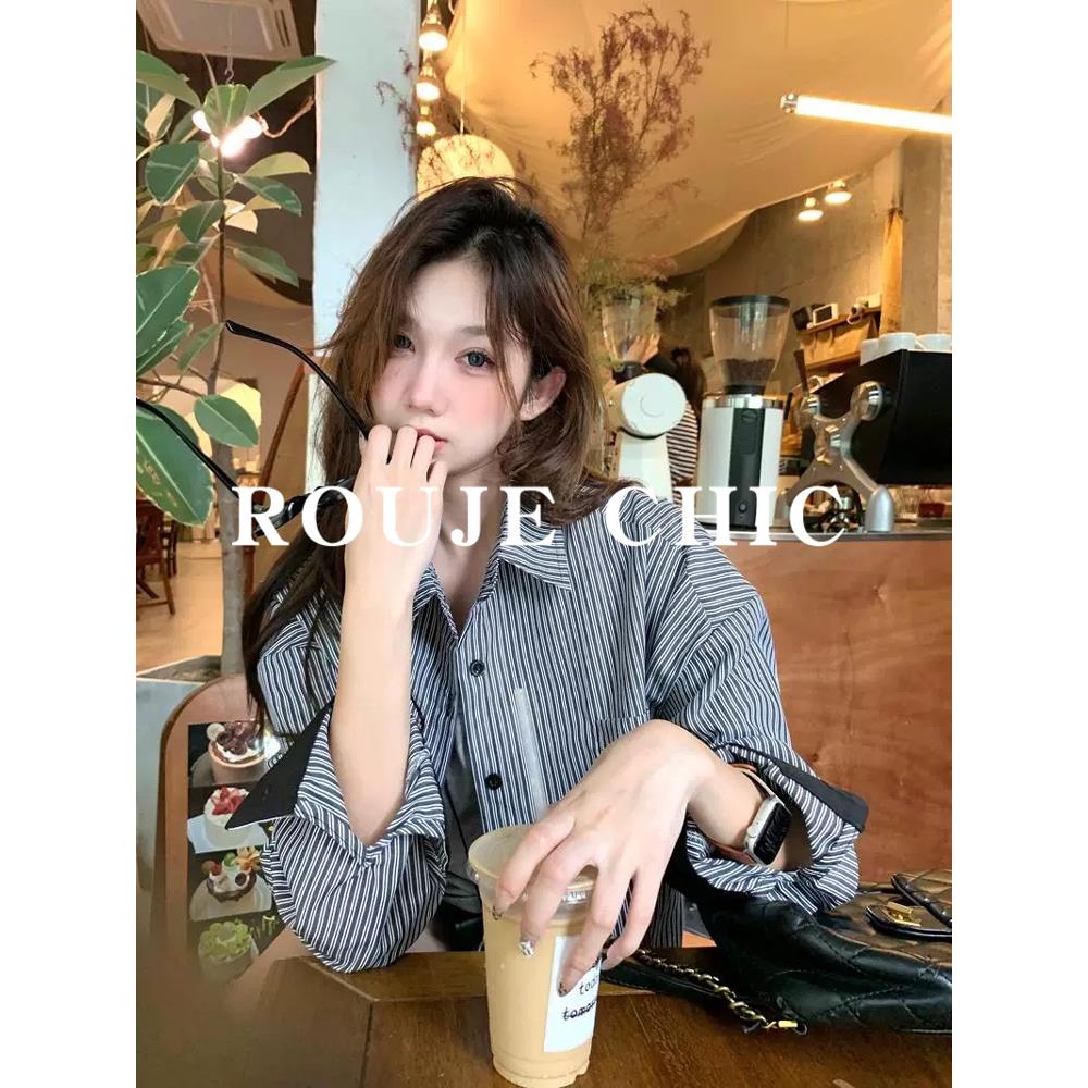 法国rouje chic法式慵懒覆古条纹长袖衬衫女春季宽松休闲叠穿衬衣