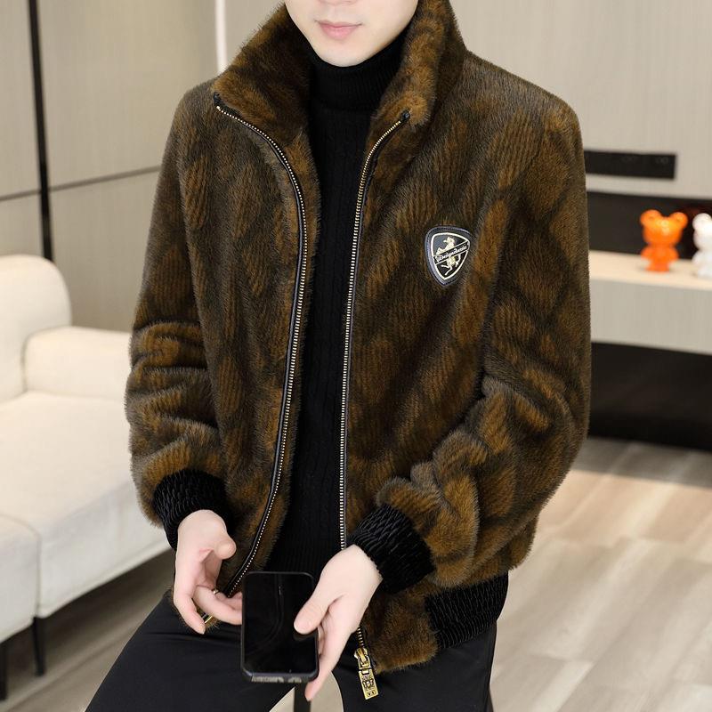 高档金貂皮天鹅绒夹克男士冬季立领加厚防风保暖外衣男士皮草一体