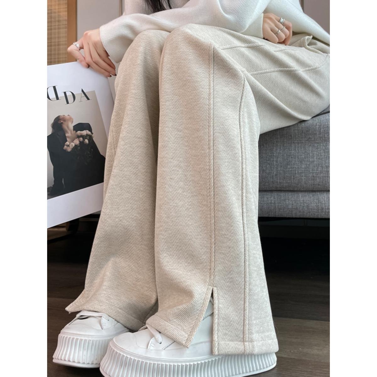 2025春新款鑫欣阿玛施艾正人字纹加绒阔腿裤羊毛毛呢开叉直筒裤子