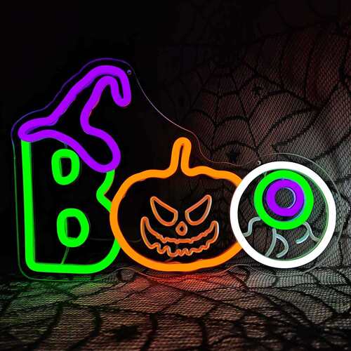 亚马逊LED霓虹灯BOO万圣节鬼屋主题派对墙壁装饰标志氛围灯