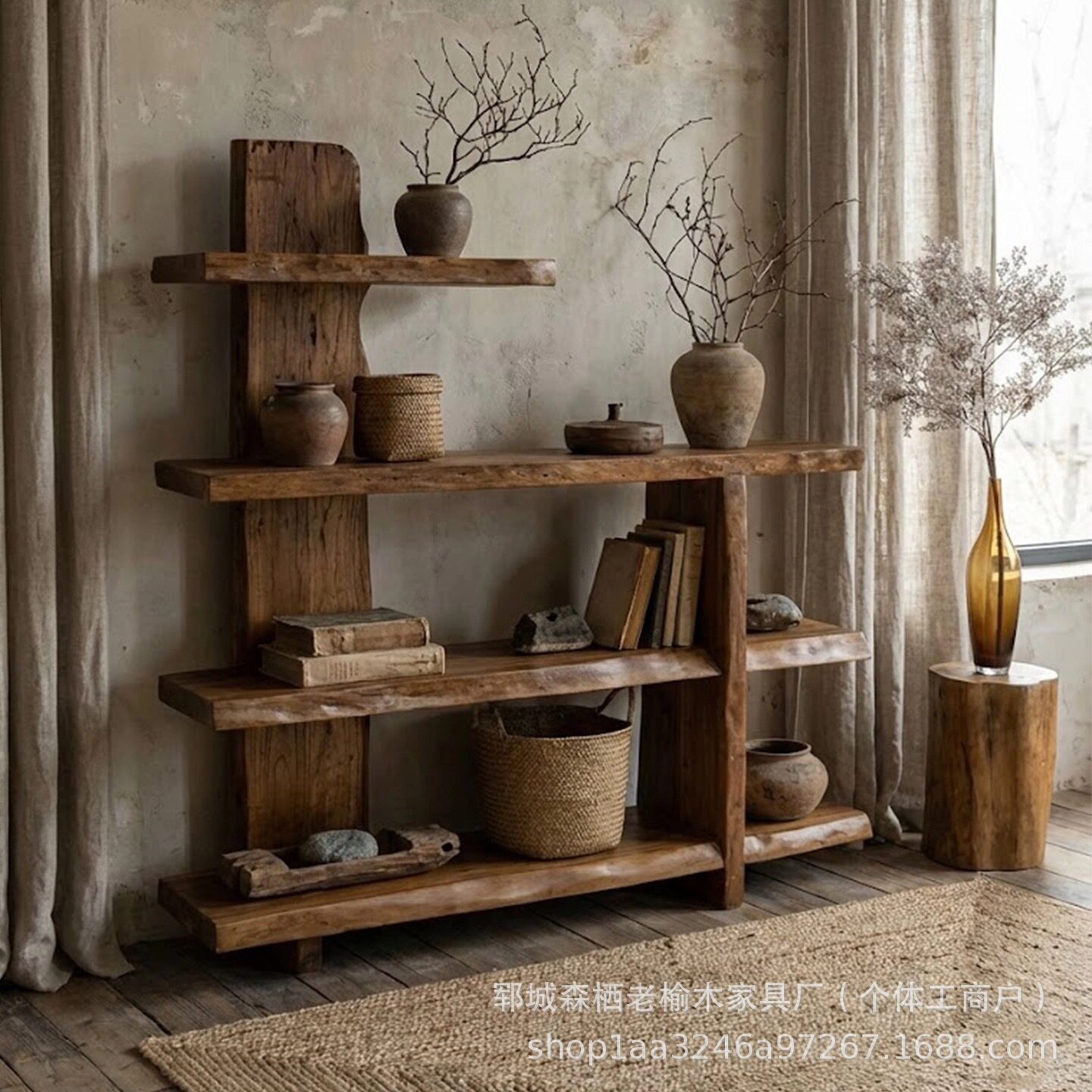 新中式客厅博古架榆木茶具收纳架古董展示架酒店复古隔断木架