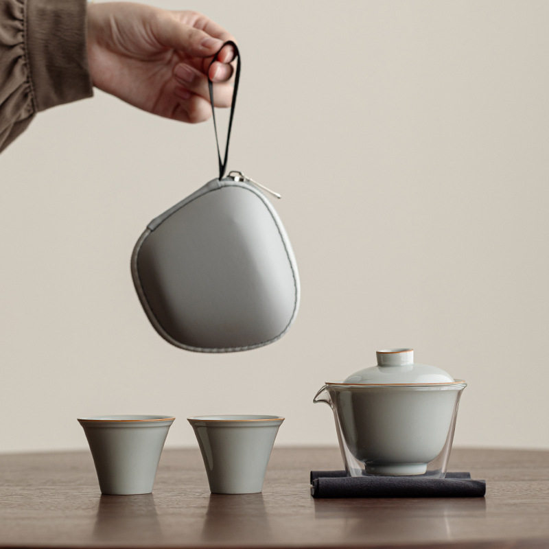 仿古青釉便携式旅行茶具二人户外喝茶茶具套装随身快客杯一壶两杯