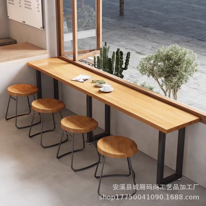 靠窗实木长方形窄桌子商用食堂饭店餐桌椅组合餐厅简约边桌矮吧台