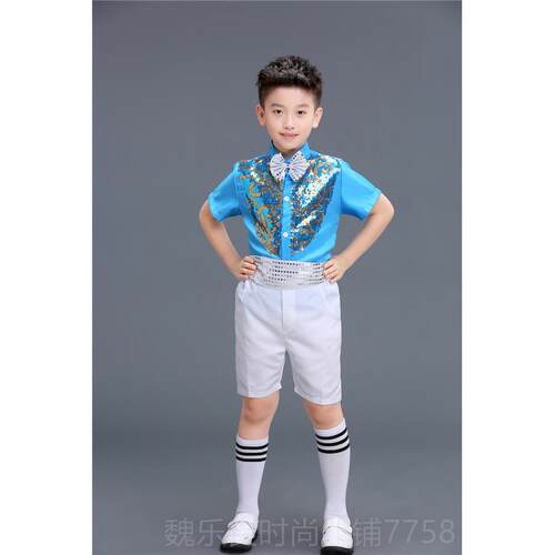 高档童演服装男童背带裤演表出服男孩亮儿片舞蹈小学六生一大合唱