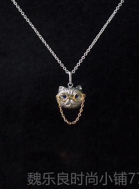 高档由子野蓝丨动小物系列丨宝石猫咪高项链女纯银锁骨链众级原创