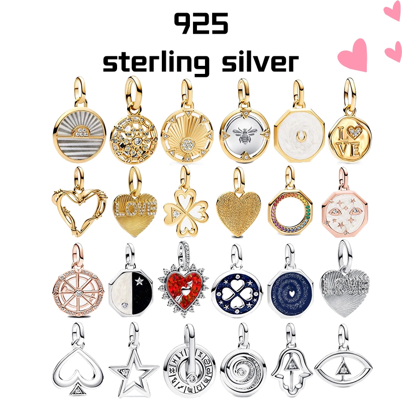 时尚ME系列925纯银金色圆形、心形和八角形徽章吊坠