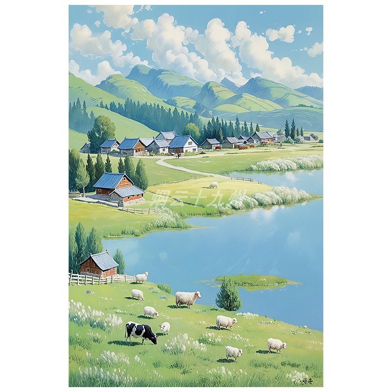 治愈系风景手绘油画客厅小清新自然风光装饰画玄关牛羊群草原挂画图片