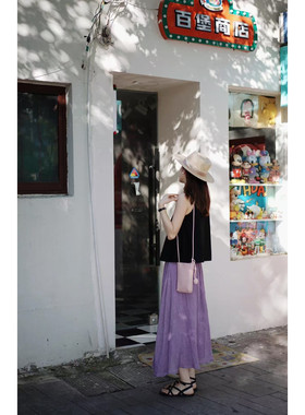 LZXV 夏日套装女时尚简约黑色无袖背心娃娃上衣紫色半身长裙