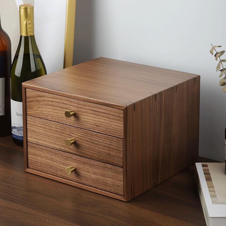 木质黑胡桃木多层抽屉式收纳盒桌面日式玄关收纳柜办公文件储物盒
