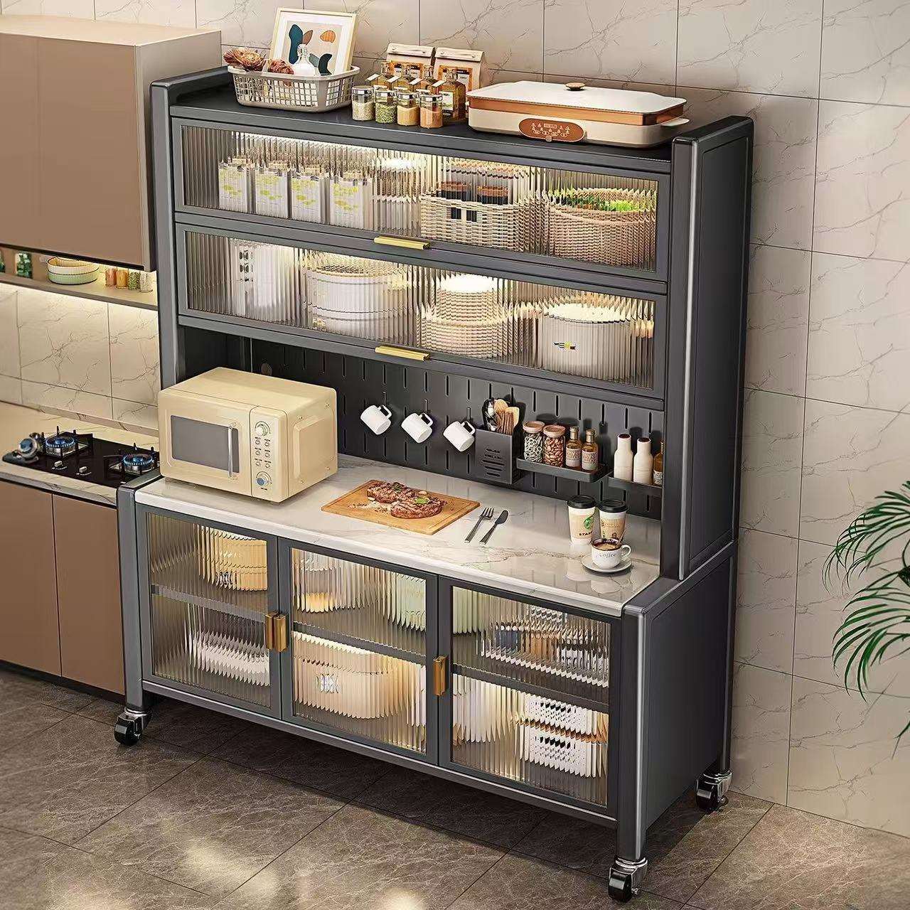 加厚岩板餐边柜厨房置物架落地多功能磁吸柜门可调层高岩板操作台