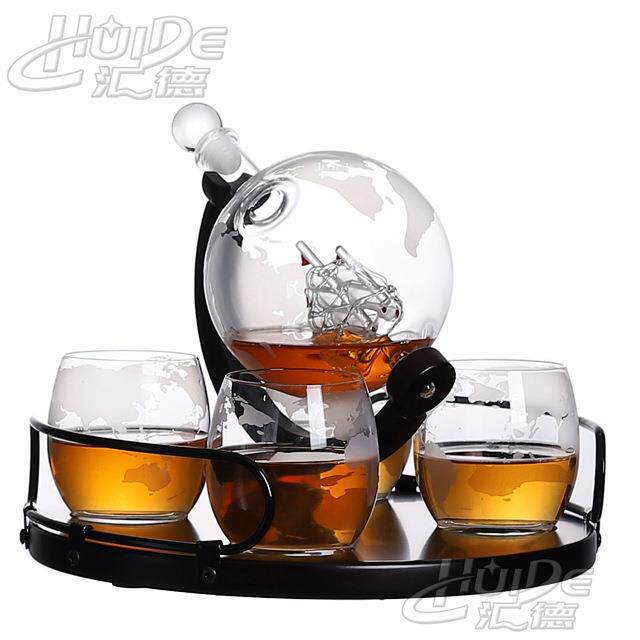 玻璃地球造型醒酒器 金属提手圆盘鸡尾酒分酒器 高硼硅玻璃酒瓶