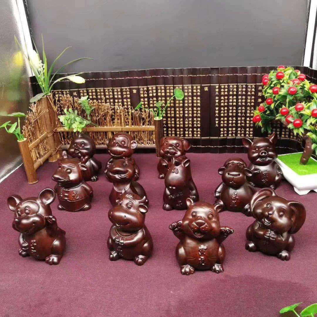 木雕黑檀木十二生肖茶盘家居摆设12只马牛龙兔虎鼠羊猪狗鸡蛇猴