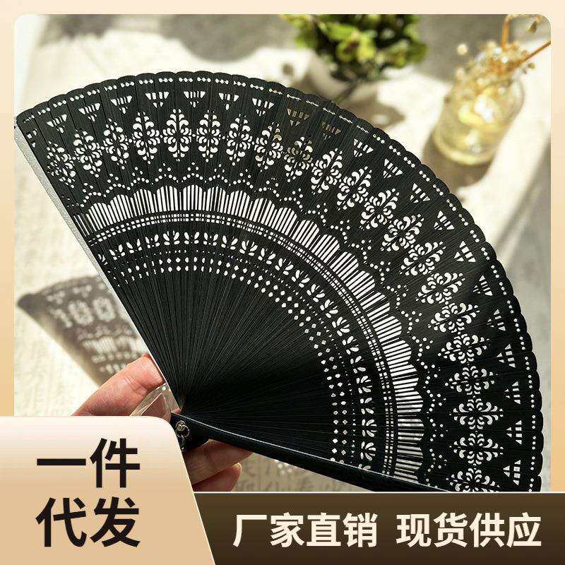 P616复古风5.5寸全竹工艺折扇全黑银边镂空雕刻扇子古典花朵淑女
