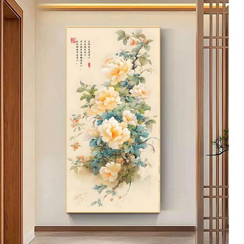 花开富贵十e字绣2023新款客厅线绣竖版牡丹花卉玄关手工自刺绣满