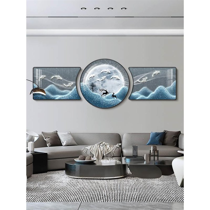 九鱼图客厅沙发背景墙装饰画现代轻奢壁画Q寓意三联画大气挂画图片